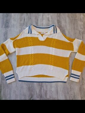 FCT With Love Sweater Womens Small Mustard Cable Knit Striped Collared Preppy